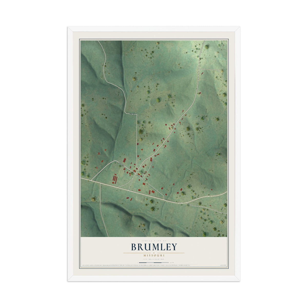 Map of Brumley, Missouri, 12 x 18 inch print in a white wood frame