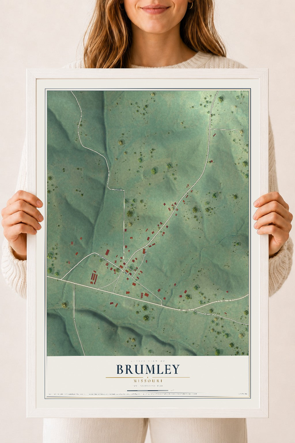 Map of Brumley, Missouri, 18 x 24 inch print in a white wood frame