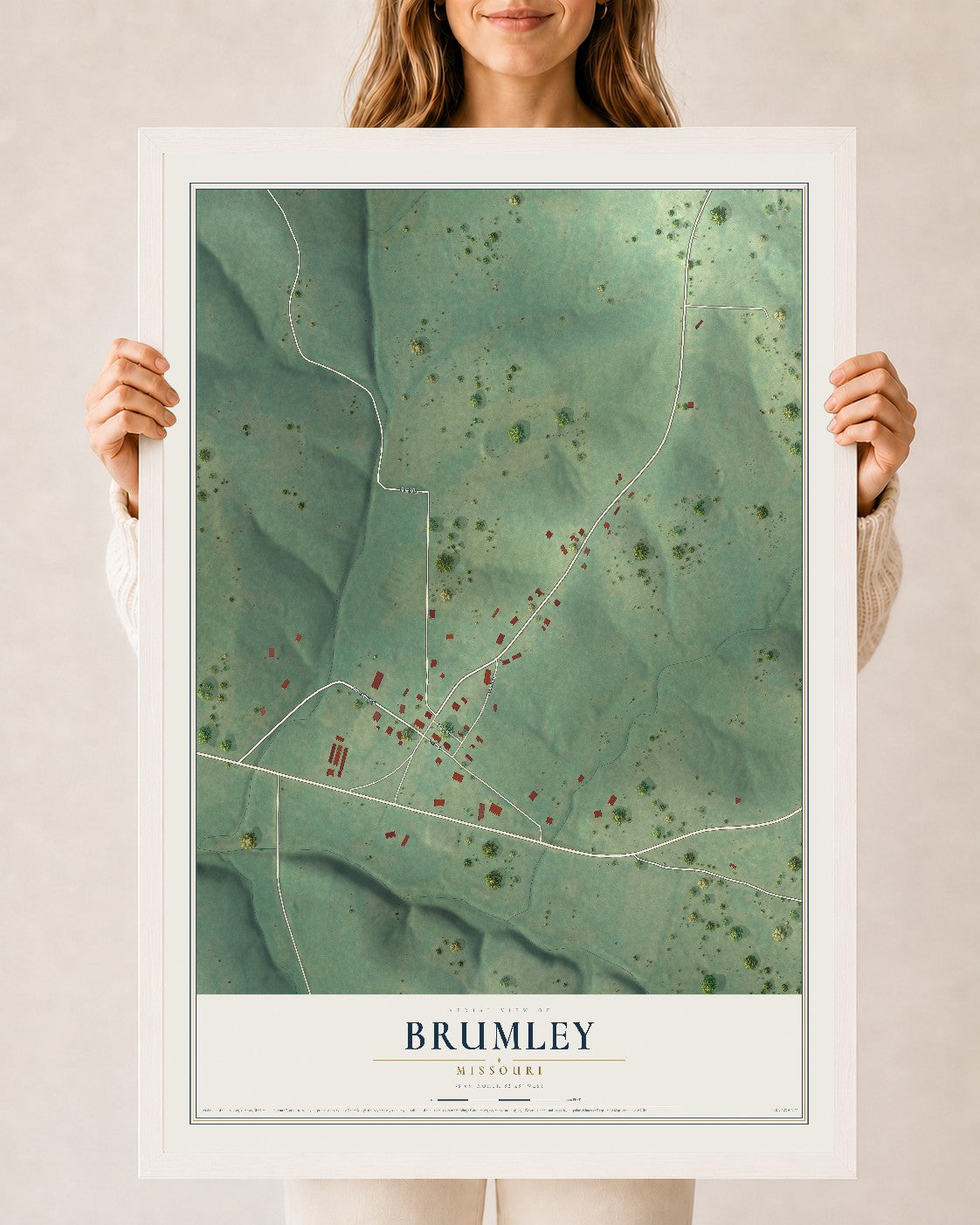 Map of Brumley, Missouri, 24 x 36 inch print in a white wood frame