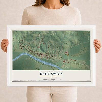 Map of Brunswick, Missouri, 12 x 18 inch print in a white wood frame