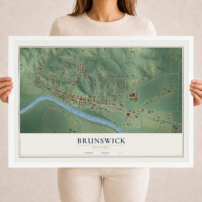 Map of Brunswick, Missouri, 18 x 24 inch print in a white wood frame