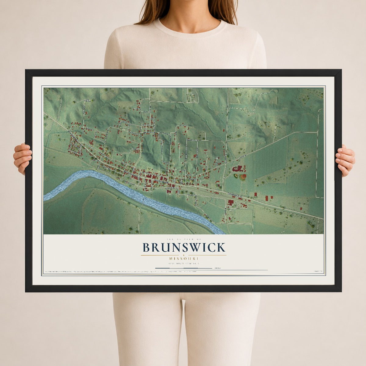 Map of Brunswick, Missouri, 24 x 36 inch print in a black wood frame