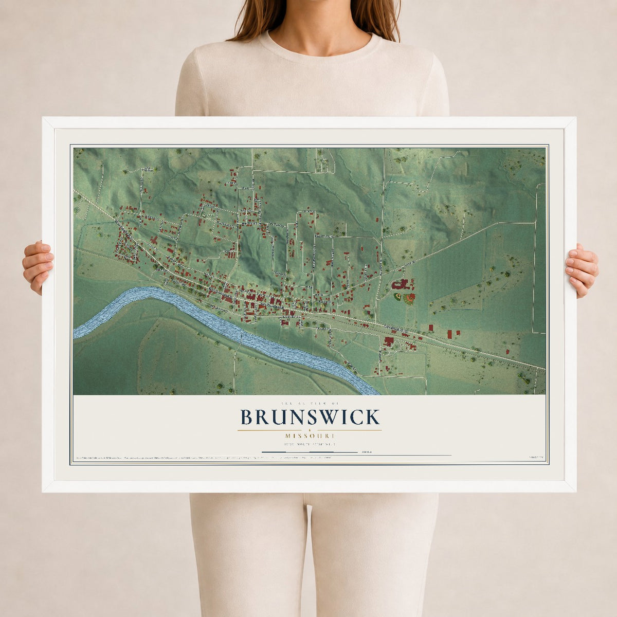 Map of Brunswick, Missouri, 24 x 36 inch print in a white wood frame