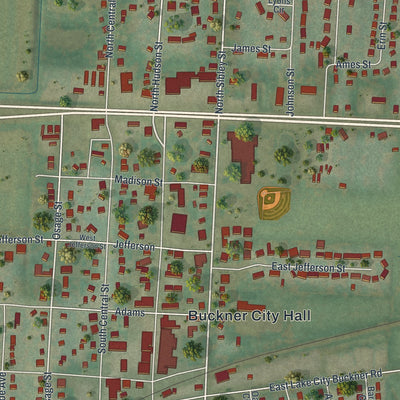 Close-up of the map of Buckner, Missouri print showing street and building detail