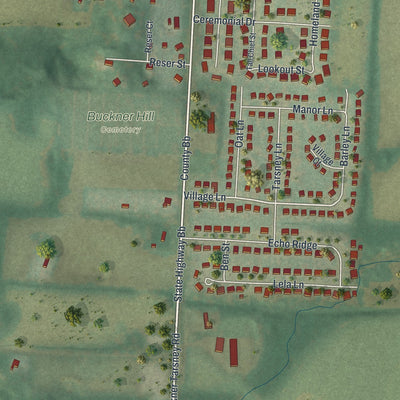 Second close-up of the map of Buckner, Missouri print showing more streets and buildings