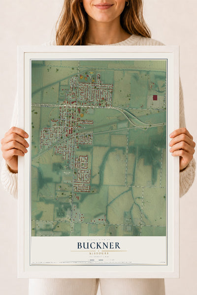 Map of Buckner, Missouri, 18 x 24 inch print in a white wood frame