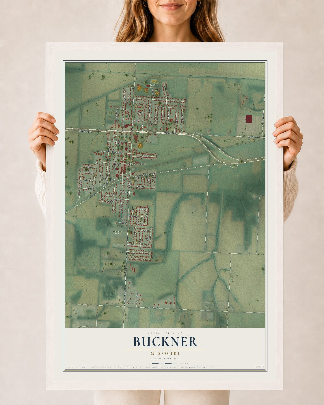 Map of Buckner, Missouri, 24 x 36 inch print in a white wood frame