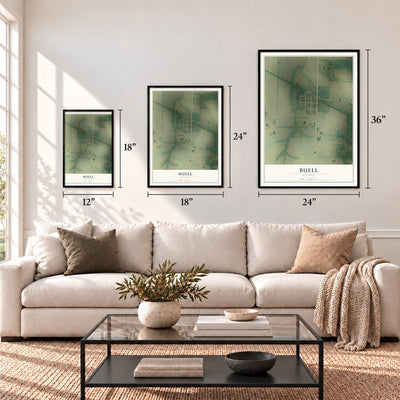 Buell, Missouri map in 12 x 18, 18 x 24 and 24 x 36 inch sizes above a sofa