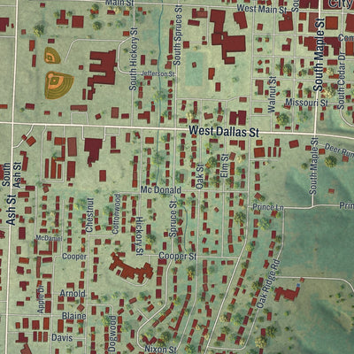Close-up of the map of Buffalo, Missouri print showing street and building detail