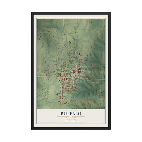 Map of Buffalo, Missouri, 12 x 18 inch print in a black wood frame