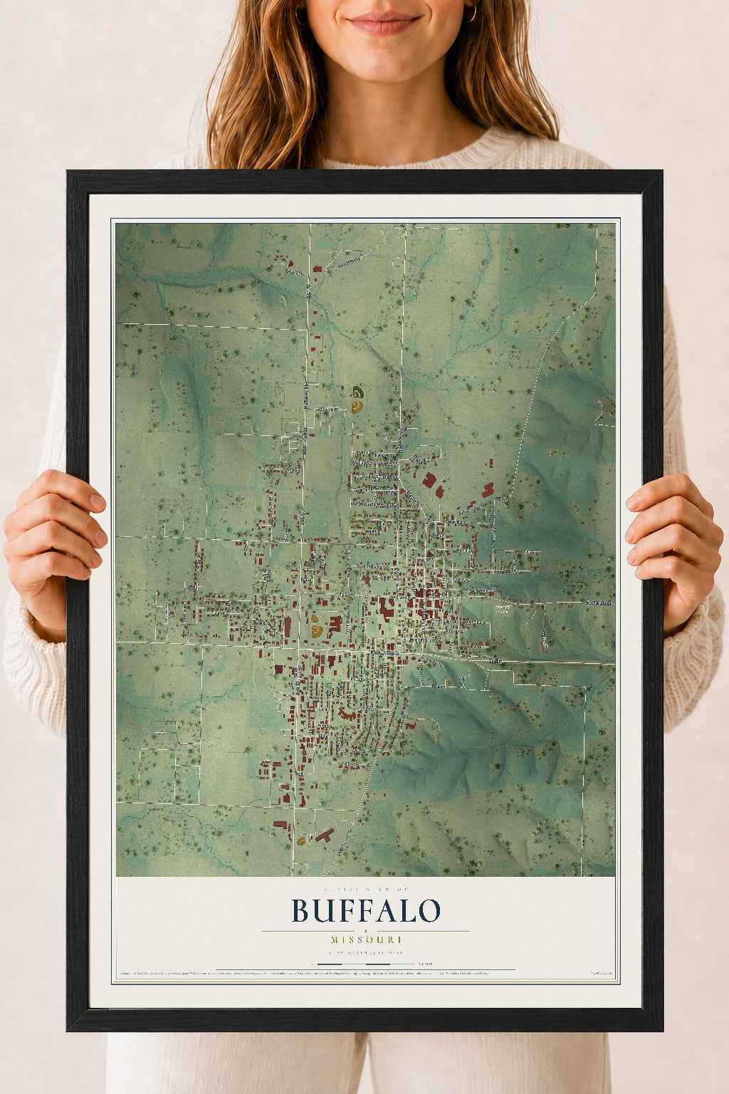 Map of Buffalo, Missouri, 18 x 24 inch print in a black wood frame