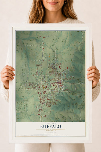 Map of Buffalo, Missouri, 18 x 24 inch print in a white wood frame