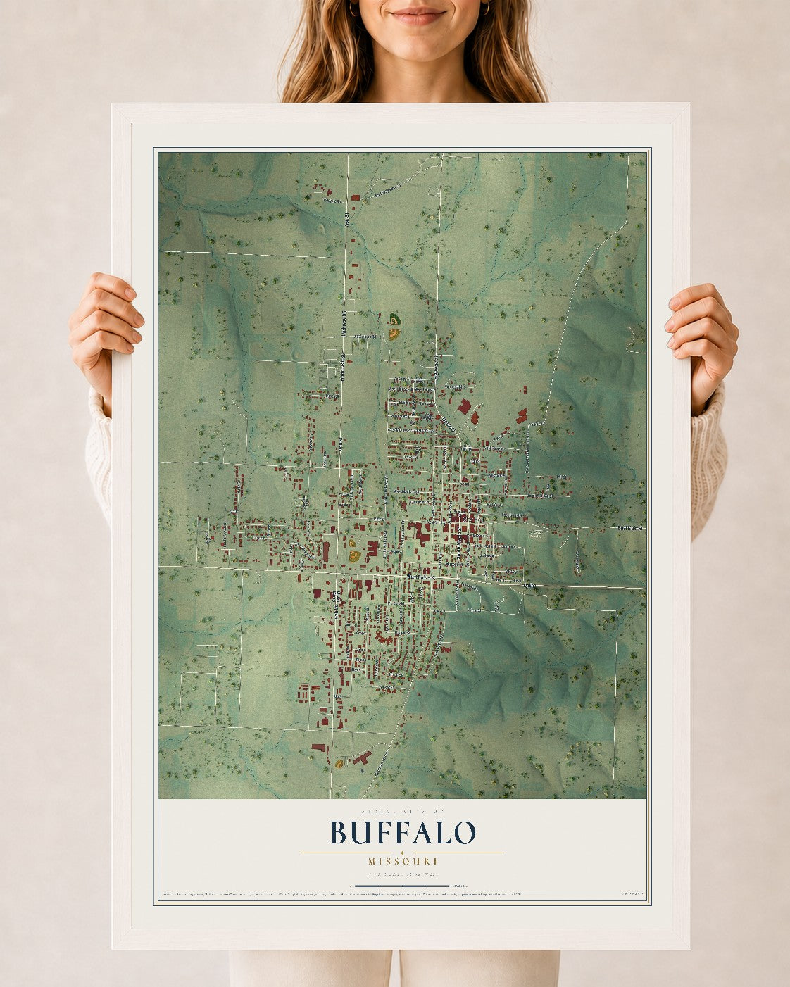 Map of Buffalo, Missouri, 24 x 36 inch print in a white wood frame