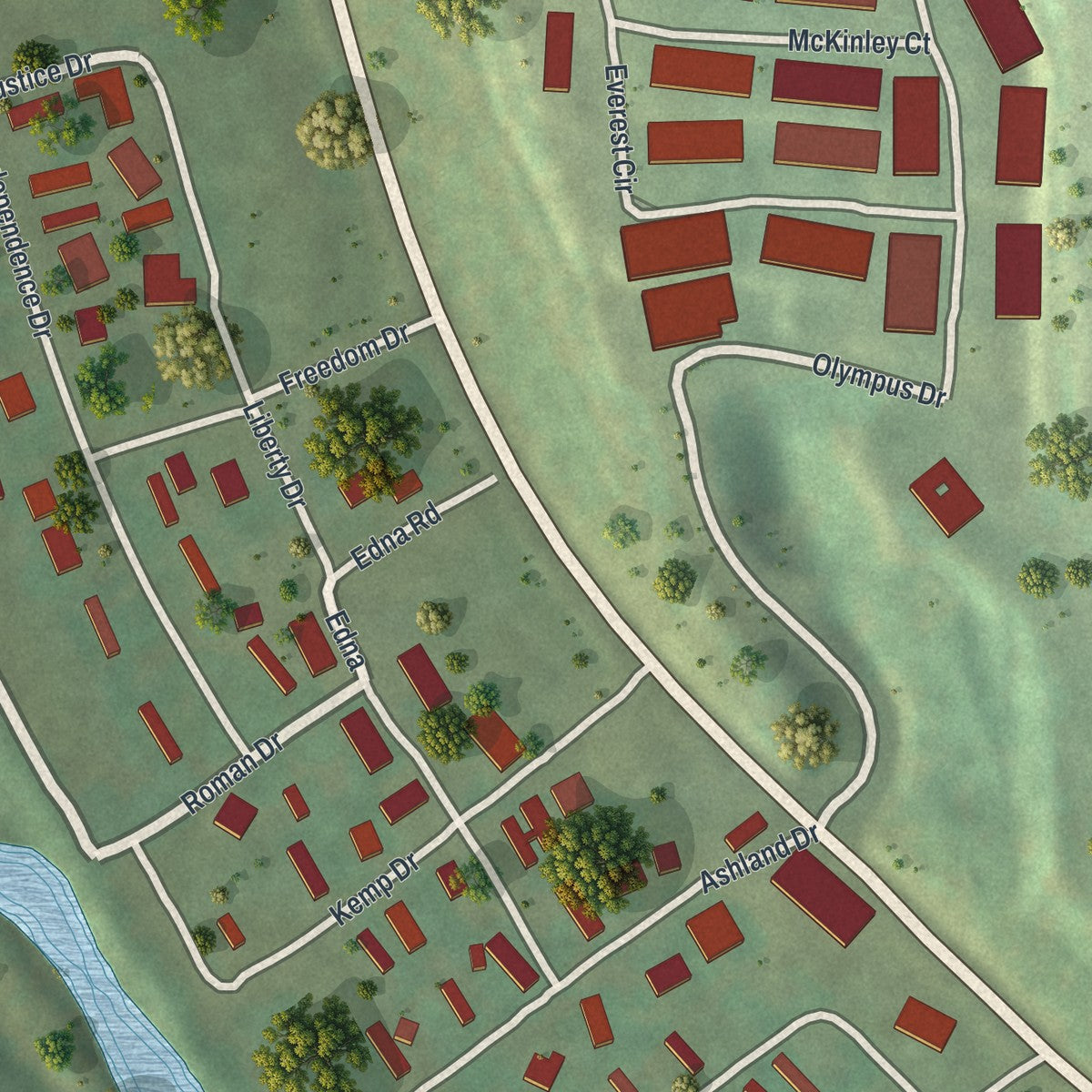 Close-up of the map of Bull Creek, Missouri print showing street and building detail