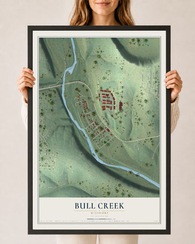 Map of Bull Creek, Missouri, 24 x 36 inch print in a black wood frame
