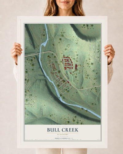 Map of Bull Creek, Missouri, 24 x 36 inch print in a white wood frame