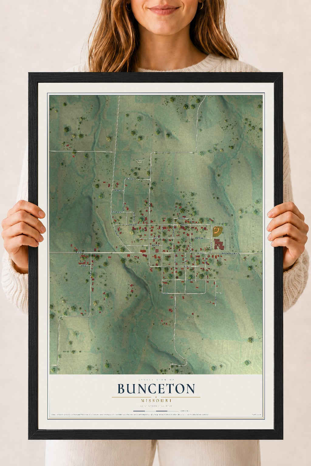 Map of Bunceton, Missouri, 18 x 24 inch print in a black wood frame
