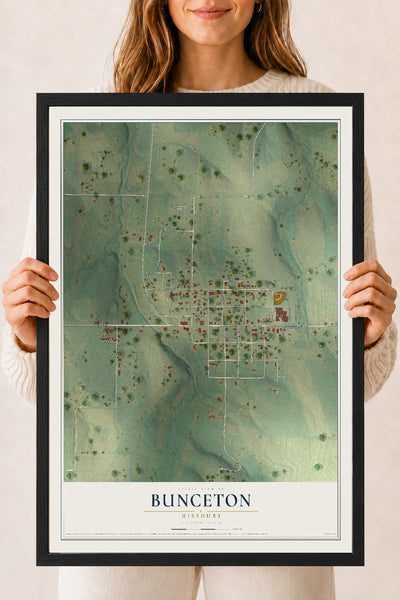 Map of Bunceton, Missouri, 18 x 24 inch print in a black wood frame
