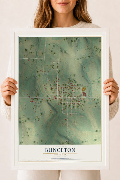 Map of Bunceton, Missouri, 18 x 24 inch print in a white wood frame