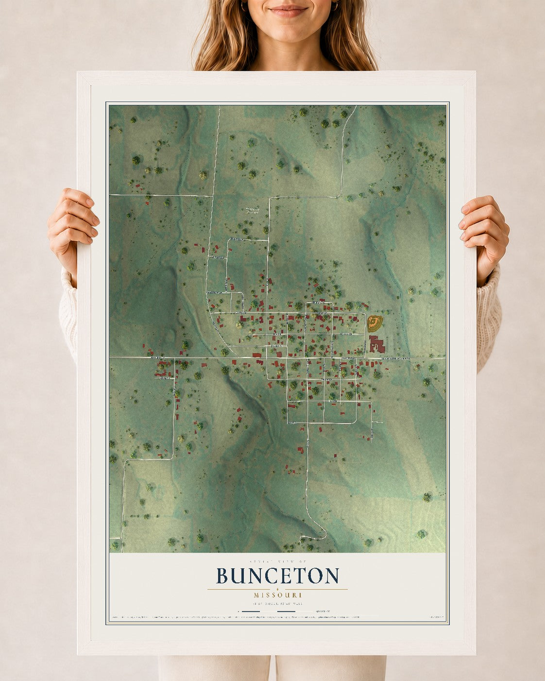 Map of Bunceton, Missouri, 24 x 36 inch print in a white wood frame