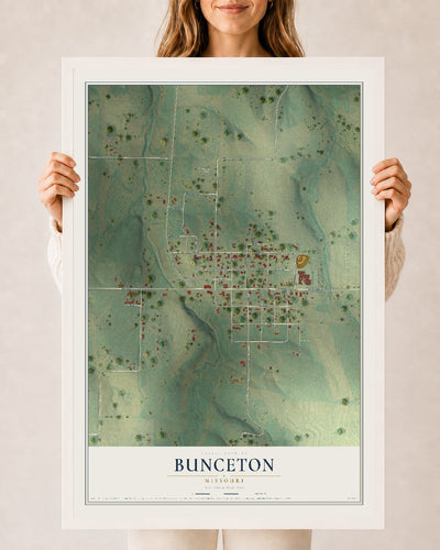 Map of Bunceton, Missouri, 24 x 36 inch print in a white wood frame