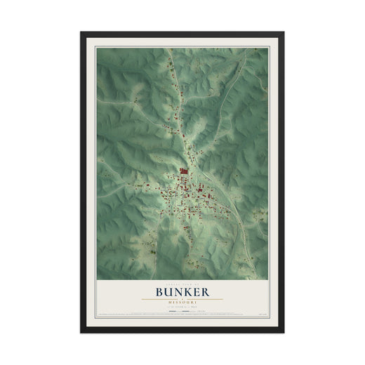 Map of Bunker, Missouri, 12 x 18 inch print in a black wood frame