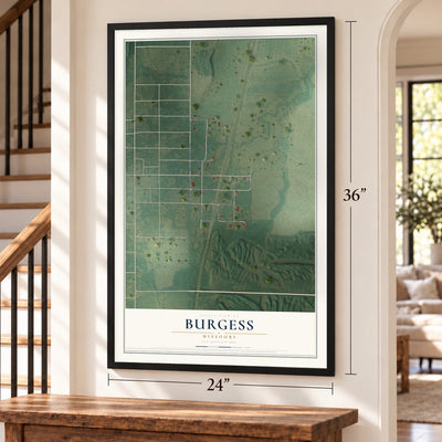 Burgess, Missouri map, 24 x 36 inch print in a black frame by a staircase