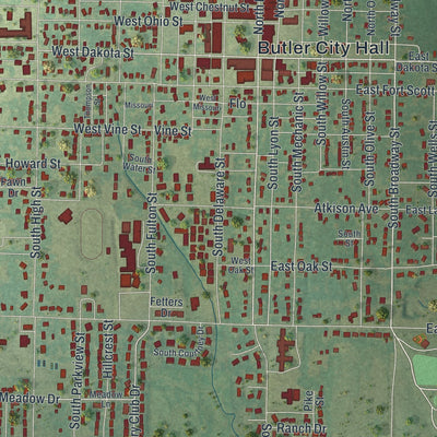 Close-up of the map of Butler, Missouri print showing street and building detail