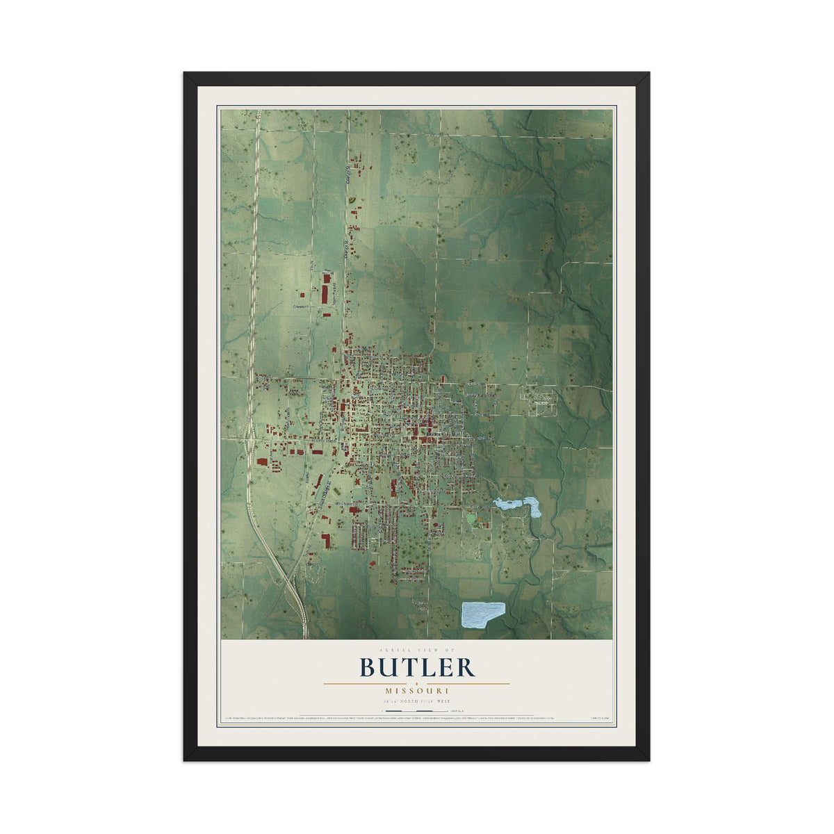 Map of Butler, Missouri, 12 x 18 inch print in a black wood frame