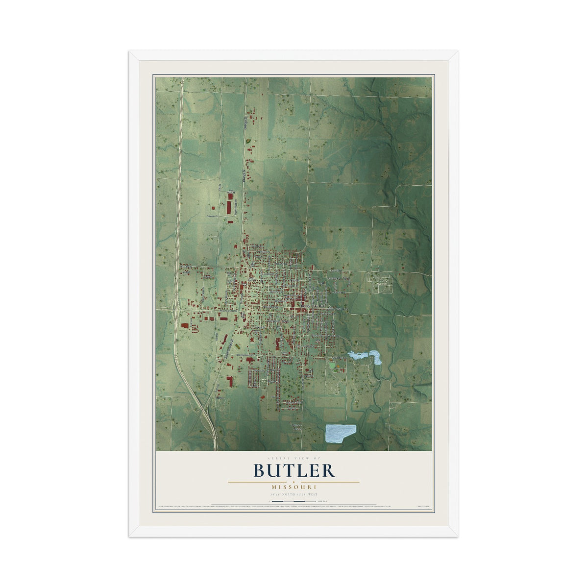 Map of Butler, Missouri, 12 x 18 inch print in a white wood frame