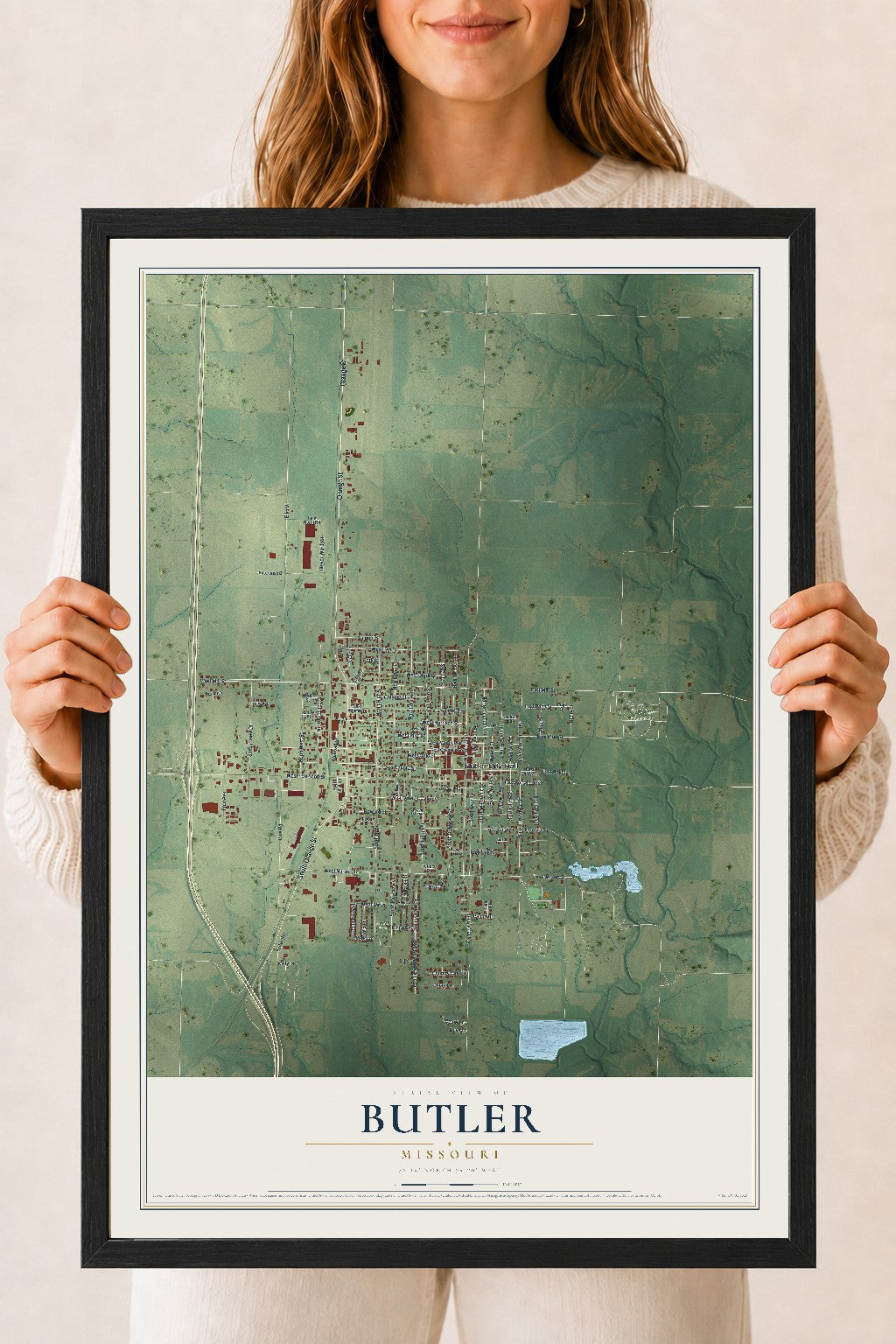 Map of Butler, Missouri, 18 x 24 inch print in a black wood frame