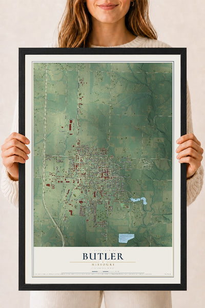 Map of Butler, Missouri, 18 x 24 inch print in a black wood frame