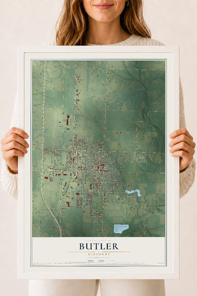 Map of Butler, Missouri, 18 x 24 inch print in a white wood frame