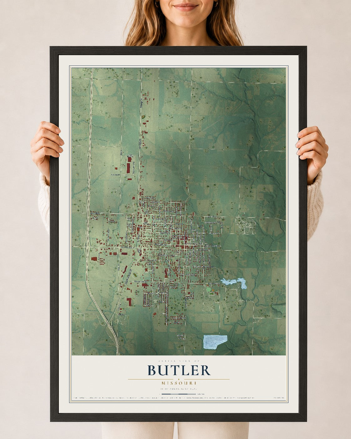 Map of Butler, Missouri, 24 x 36 inch print in a black wood frame