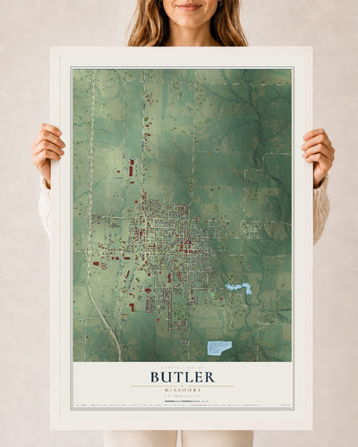 Map of Butler, Missouri, 24 x 36 inch print in a white wood frame