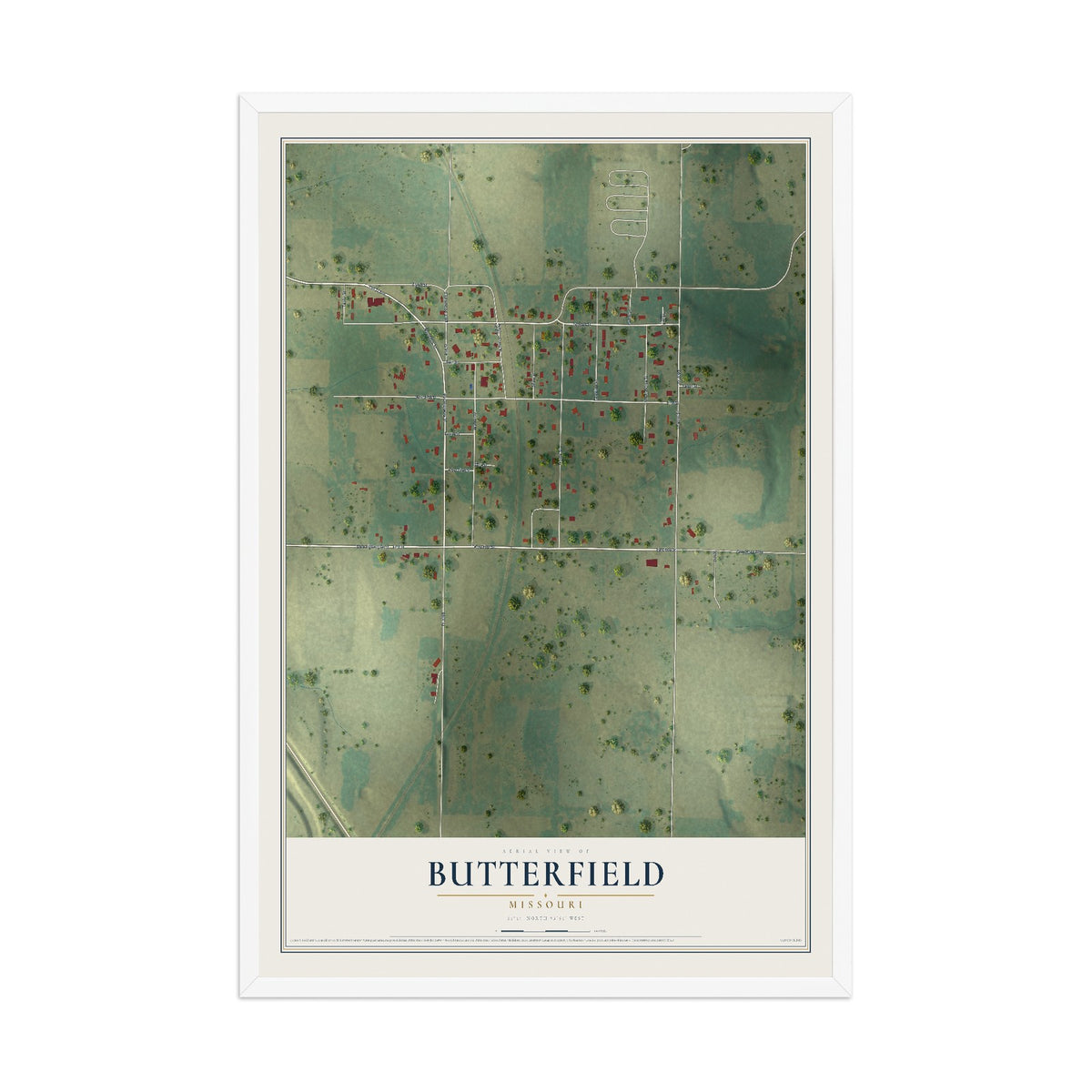 Map of Butterfield, Missouri, 12 x 18 inch print in a white wood frame