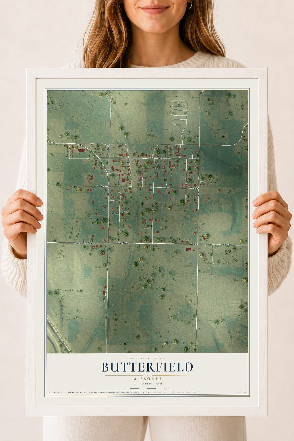 Map of Butterfield, Missouri, 18 x 24 inch print in a white wood frame