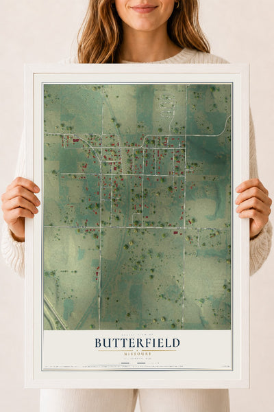 Map of Butterfield, Missouri, 18 x 24 inch print in a white wood frame