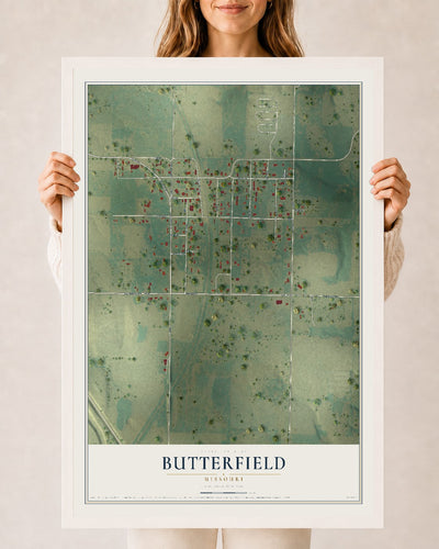 Map of Butterfield, Missouri, 24 x 36 inch print in a white wood frame