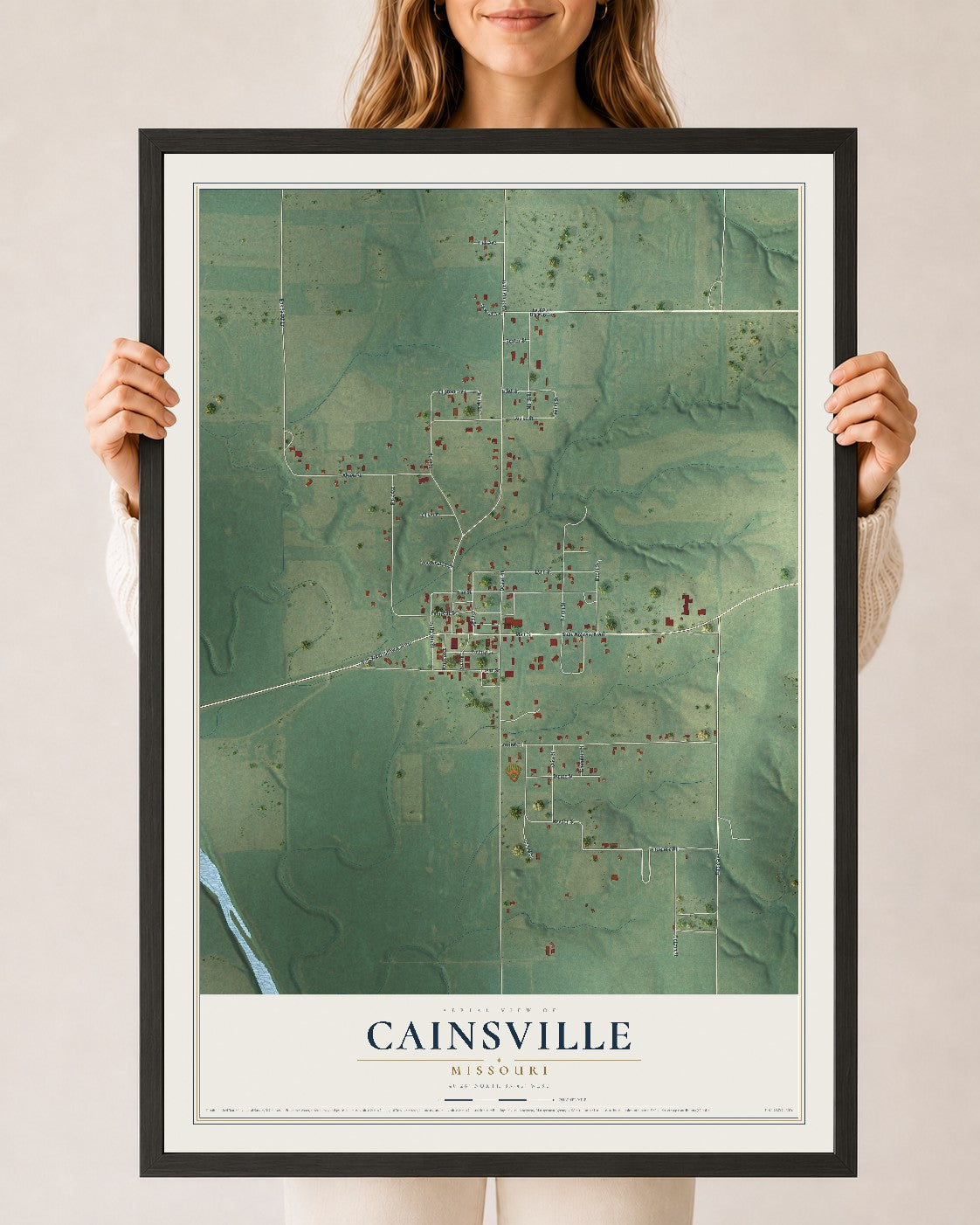 Map of Cainsville, Missouri, 24 x 36 inch print in a black wood frame