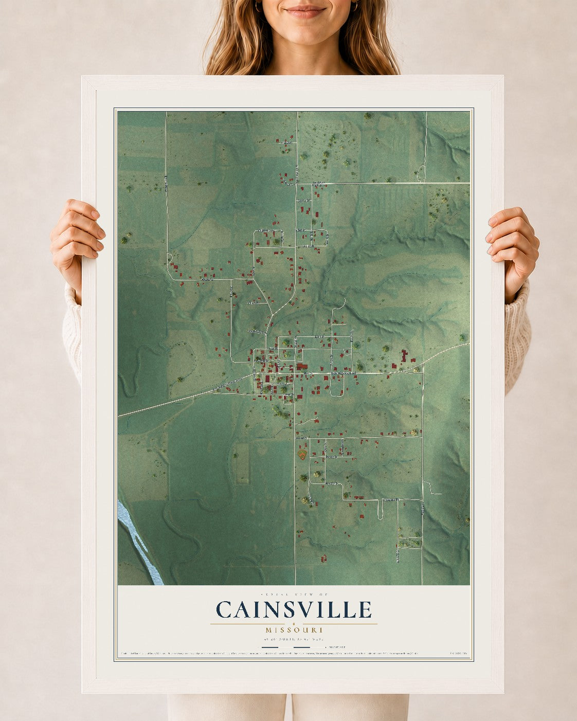 Map of Cainsville, Missouri, 24 x 36 inch print in a white wood frame