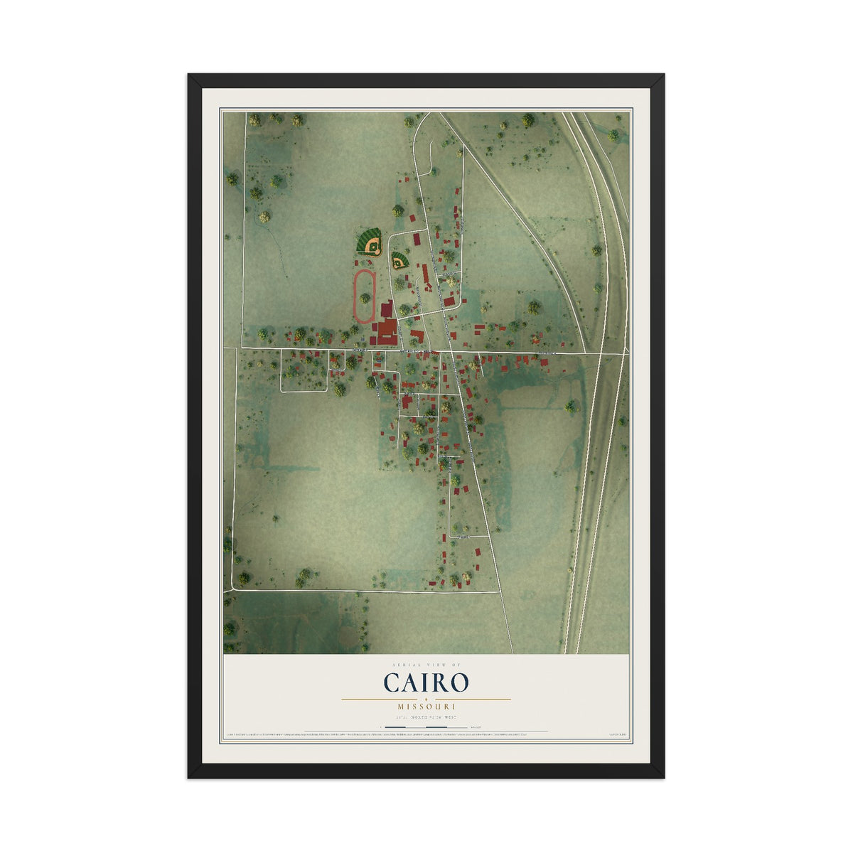 Map of Cairo, Missouri, 12 x 18 inch print in a black wood frame