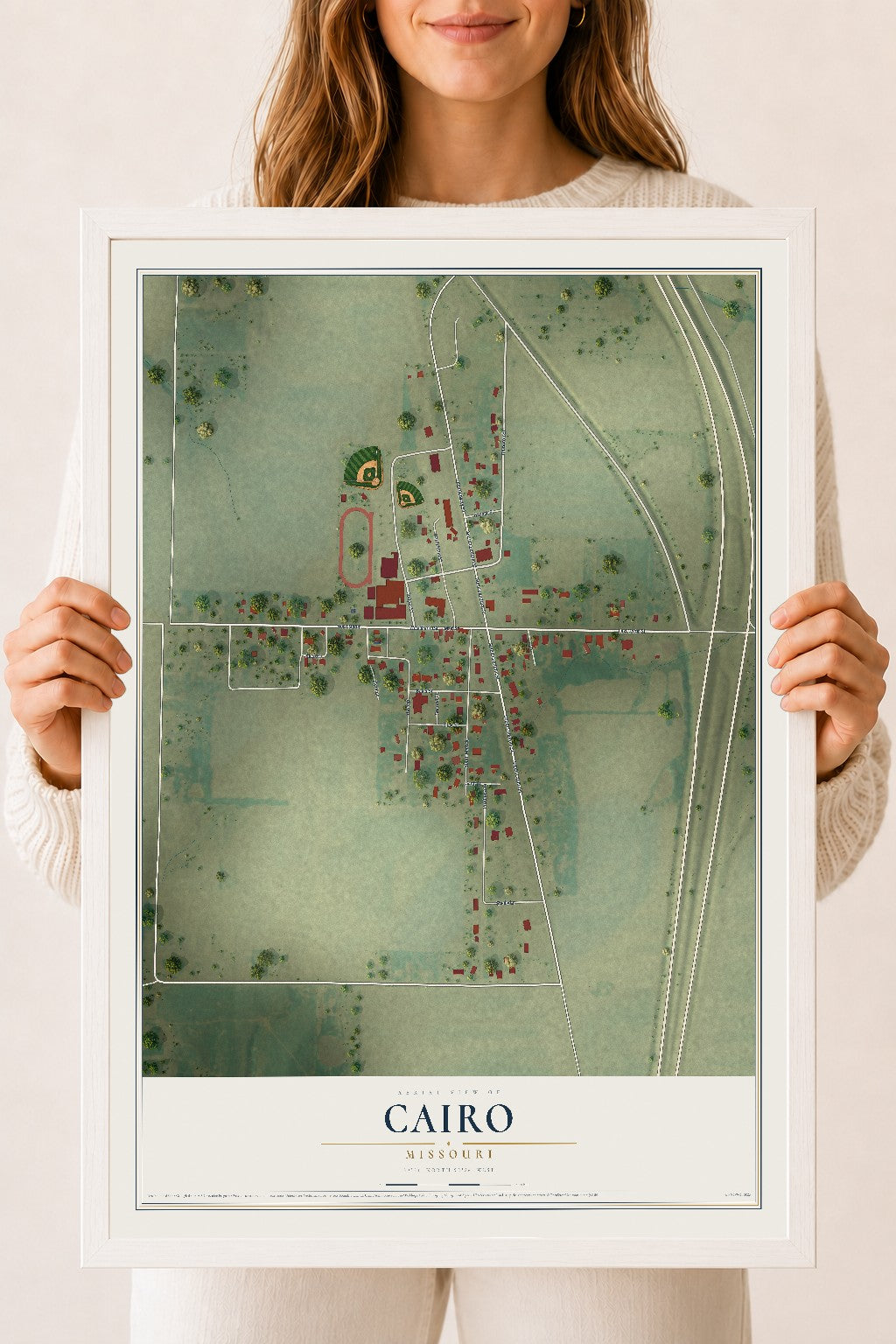 Map of Cairo, Missouri, 18 x 24 inch print in a white wood frame