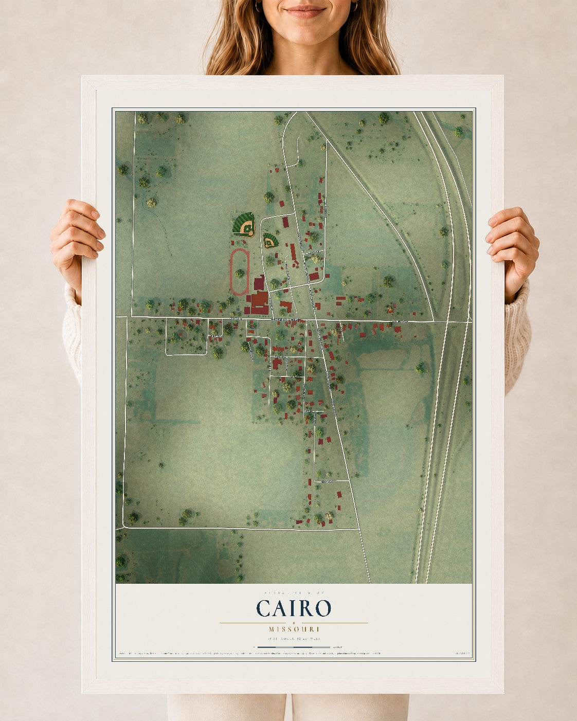 Map of Cairo, Missouri, 24 x 36 inch print in a white wood frame