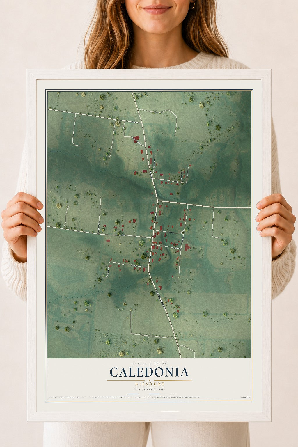 Map of Caledonia, Missouri, 18 x 24 inch print in a white wood frame