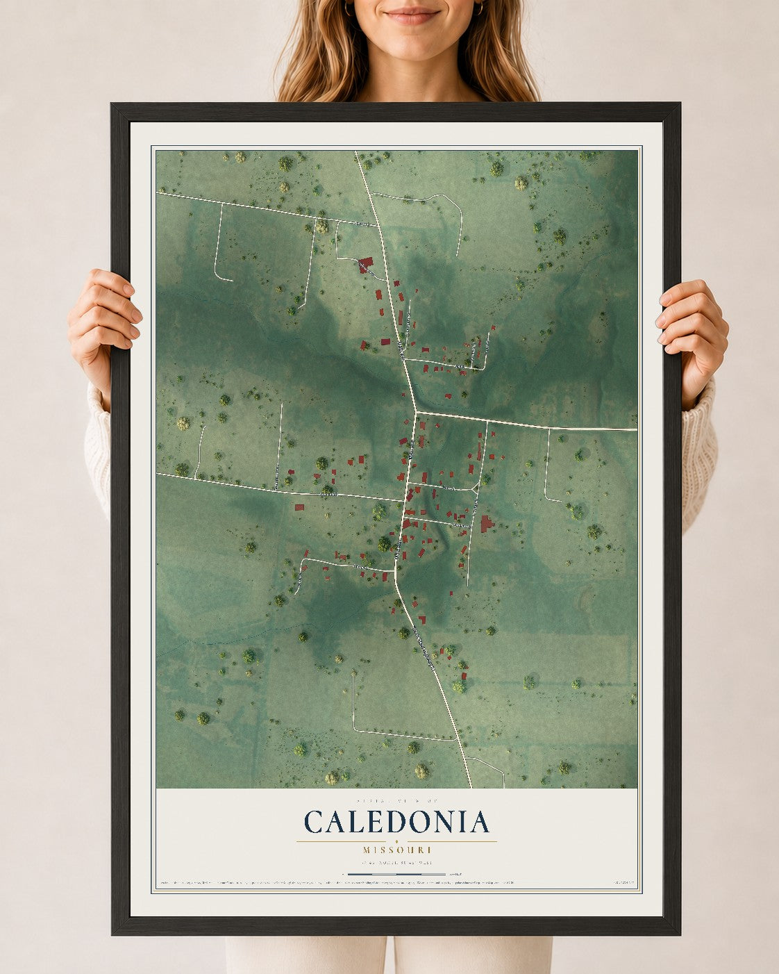 Map of Caledonia, Missouri, 24 x 36 inch print in a black wood frame