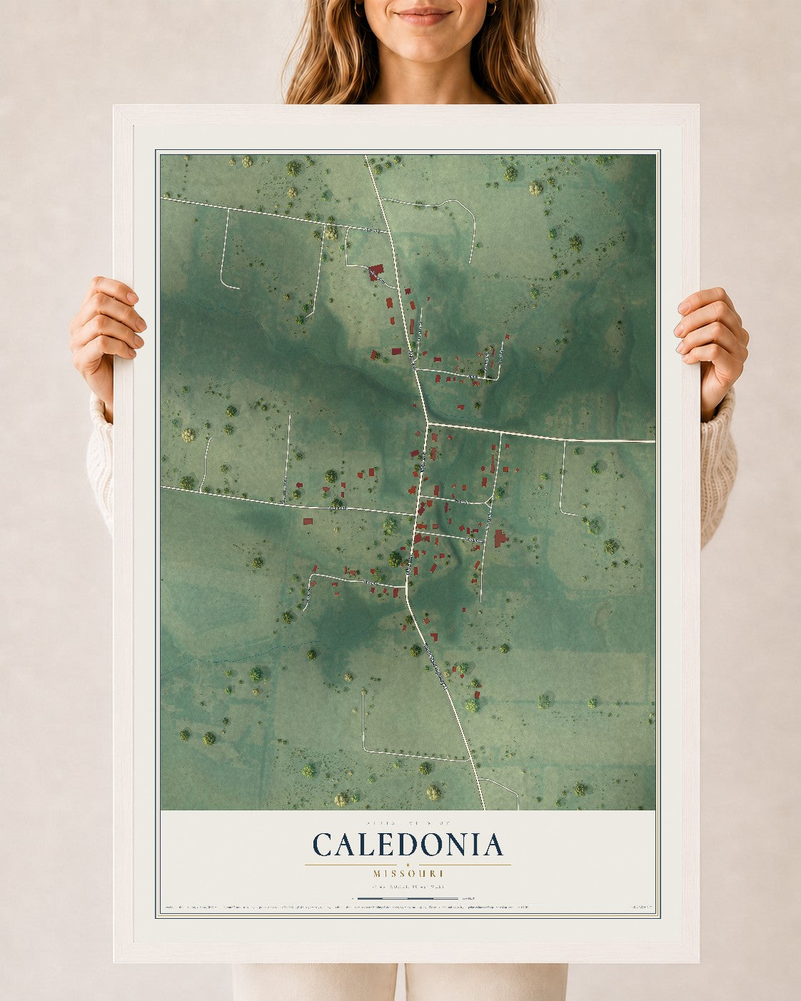 Map of Caledonia, Missouri, 24 x 36 inch print in a white wood frame
