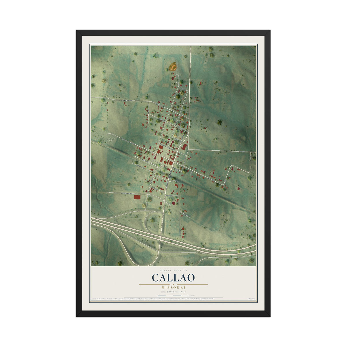Map of Callao, Missouri, 12 x 18 inch print in a black wood frame