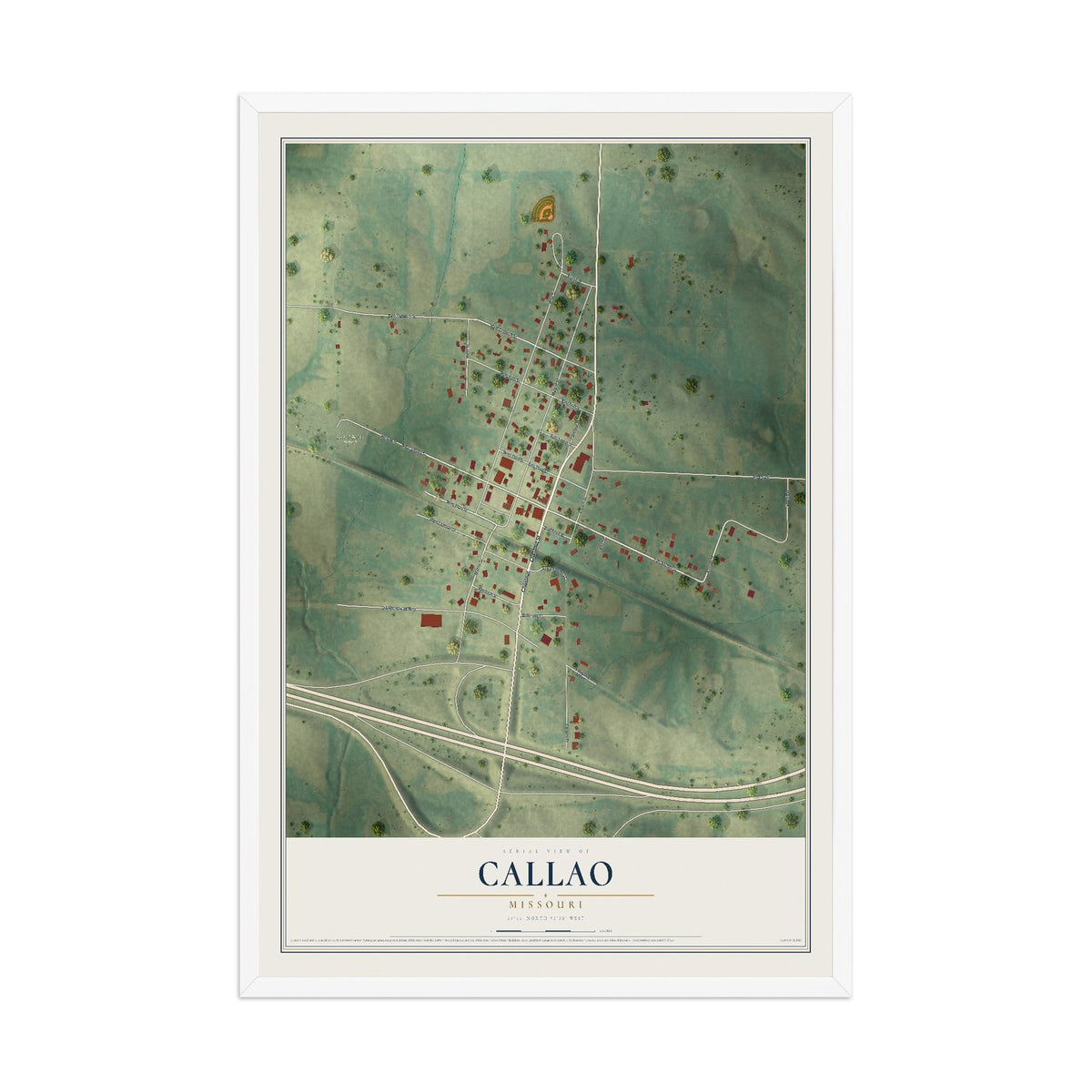 Map of Callao, Missouri, 12 x 18 inch print in a white wood frame