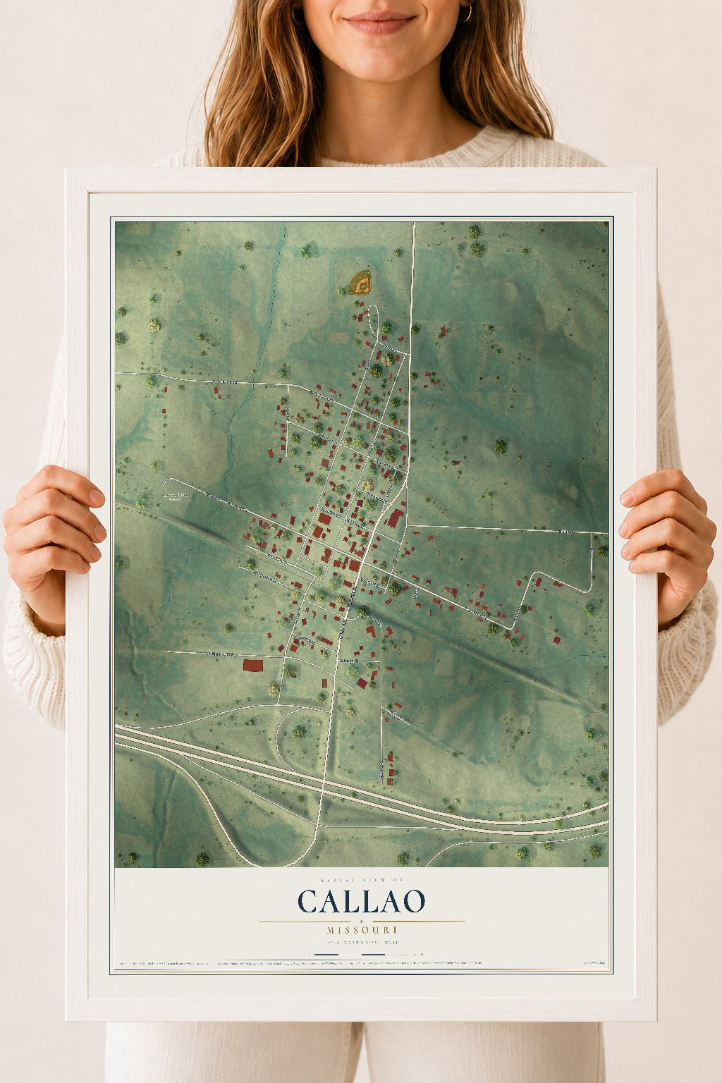 Map of Callao, Missouri, 18 x 24 inch print in a white wood frame